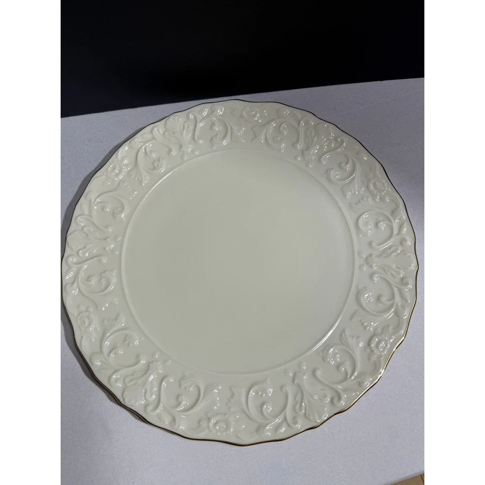 Lenox Georgian Cake Plate Cream Embossed Floral Gold Trim Scalloped 11.5